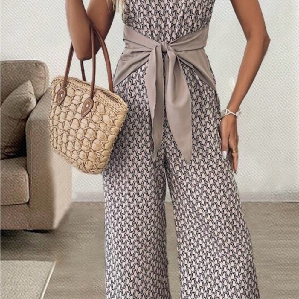 Elegant Patterned Jumpsuit in tan with sash that ties at waist - Picture 3 of 10